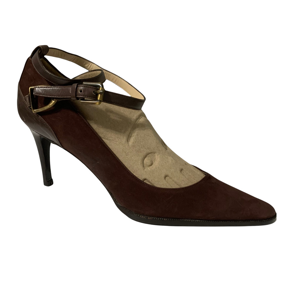 Ralph Lauren Purple Label Lacey Mahogany Calf Suede Sample 7 Brown Pump New